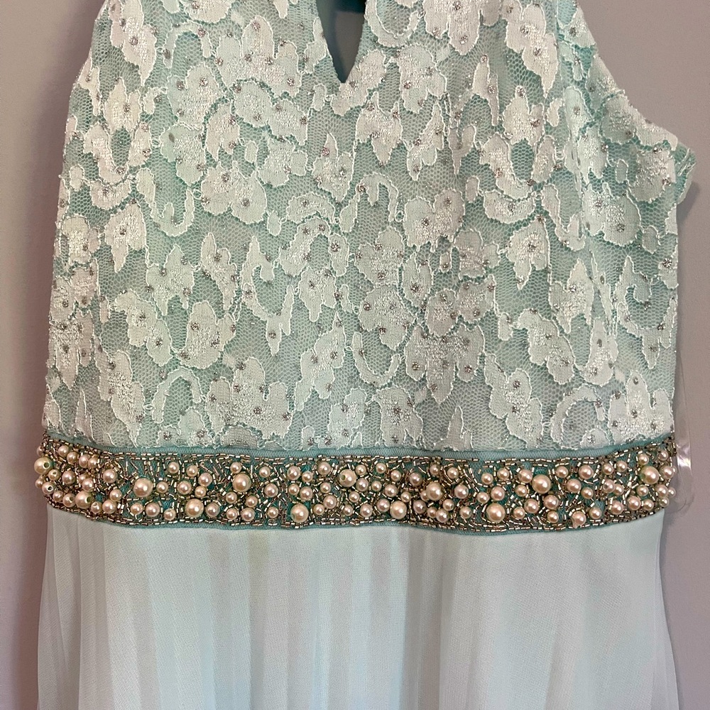 Speechless size 14 dance wear.  Long sheer light blue/ silver. One piece leotard